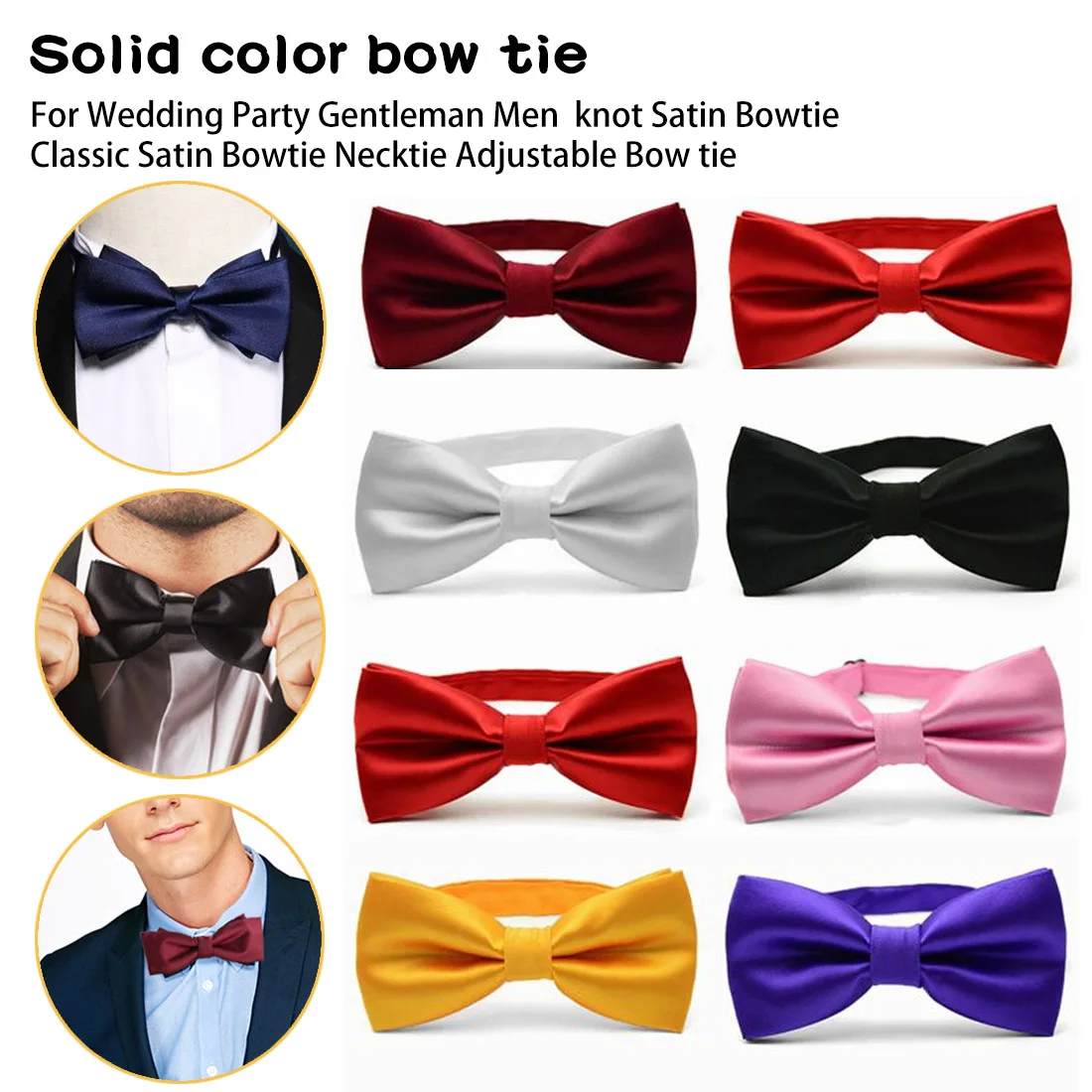 Gentleman Men Classic Satin Bowtie Necktie Pure Pocket Square For Wedding Party Easy Style Black Red Pink photo