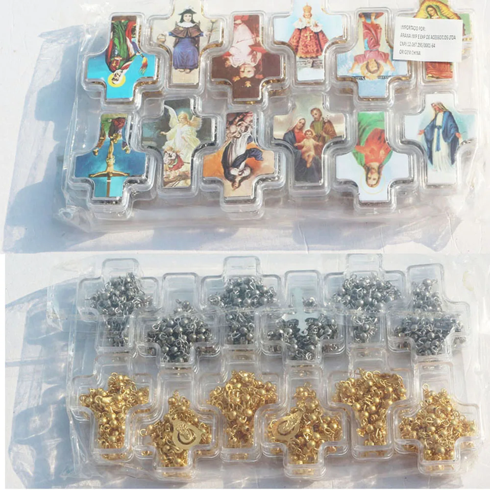 

10pcs gold/silver 4mm rosary beads catholic cross pendant religious necklace Jesus rosaries necklaces in cross shape box