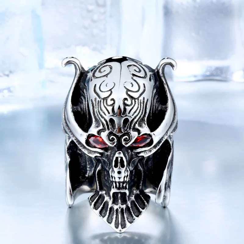 

BEIER Cool Big Punk Stainless Steel Unique War Skull Head Ring For Man With red eye High Quality BR8-336