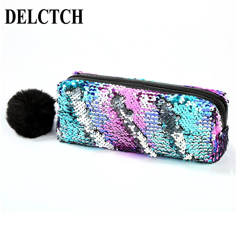 

DELVTCH Zipper Sequin Pencil Case Organizer Flash Magic Reversible Sequin Pen Bag Hairball Pencil Box Cosmetic Storage Bag Gift