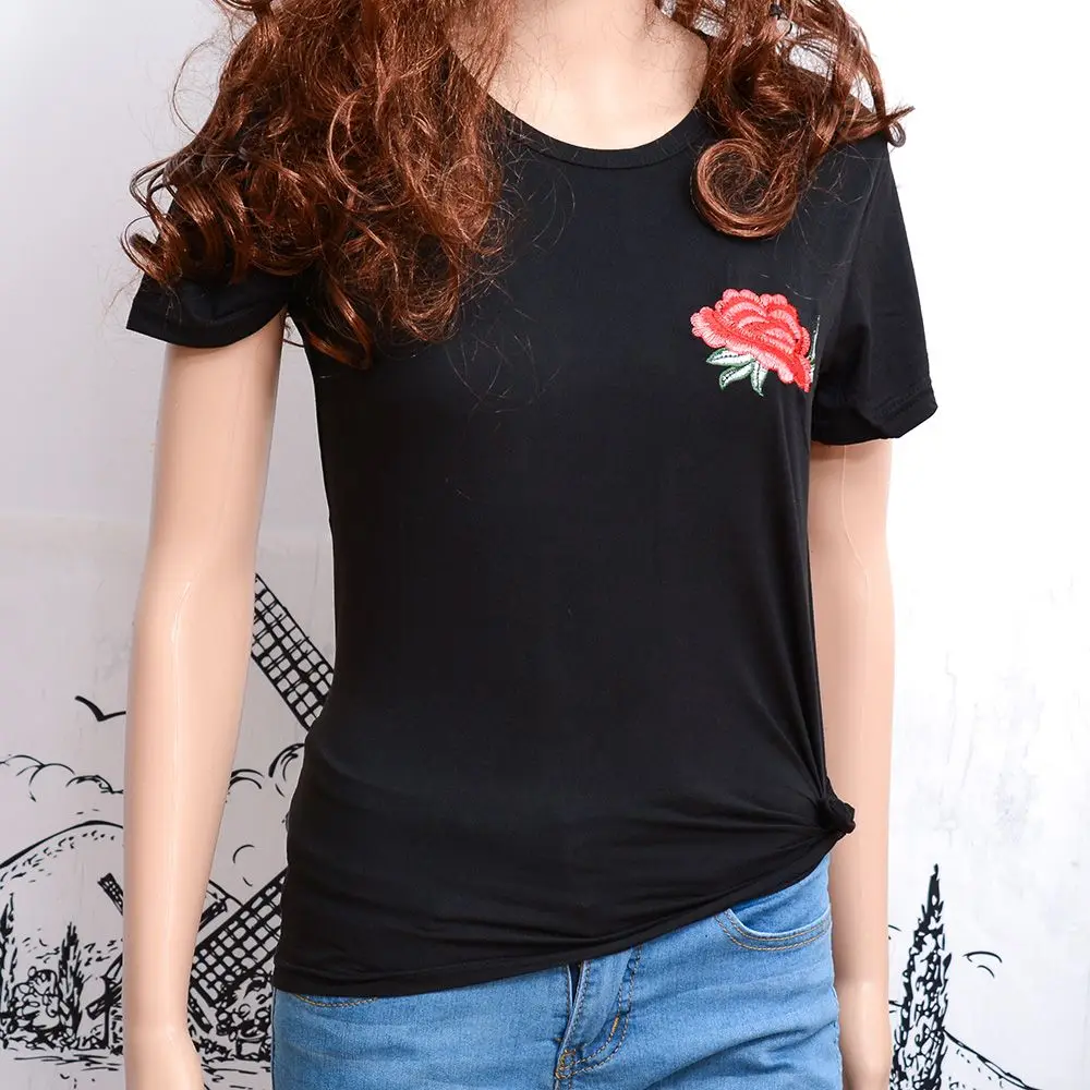 

2019 New style Fashion Women's classic vintage Embroidery Short Sleeve Rose Pullover Casual Shirt Tops T-shirt Top