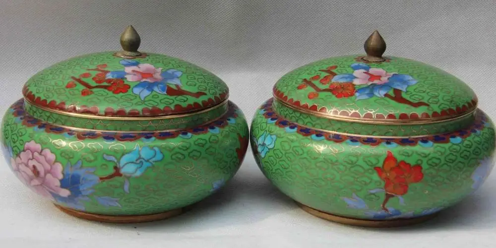 

Chinese Copper Cloisonne enamel tree peony plum blossom Flower Tea Box Vase Pair