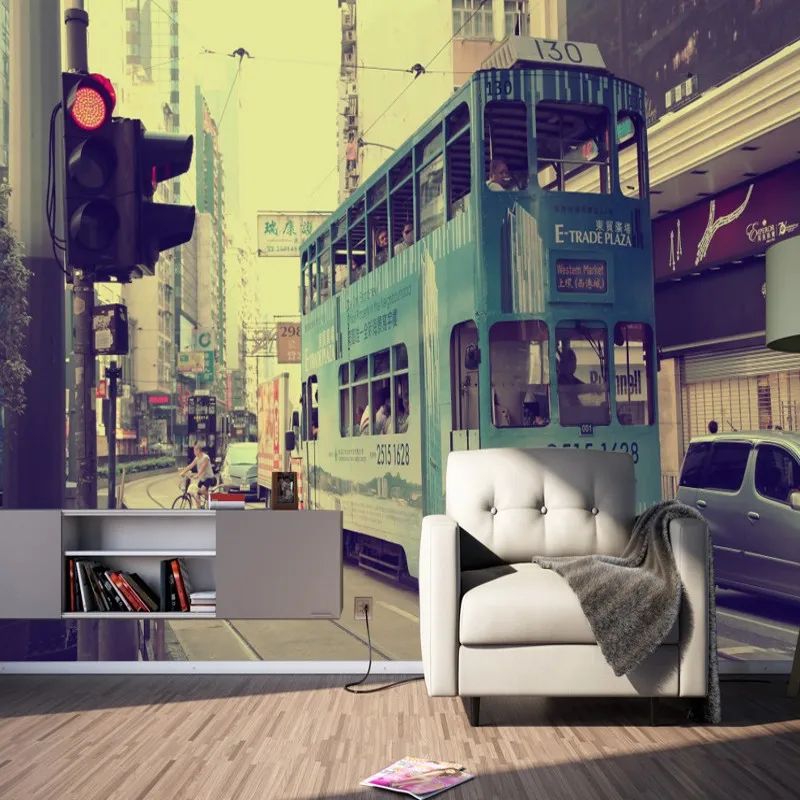 

photo wallpaper personality Vintage retro background wall mural City Street bus living room decorative wallpaper