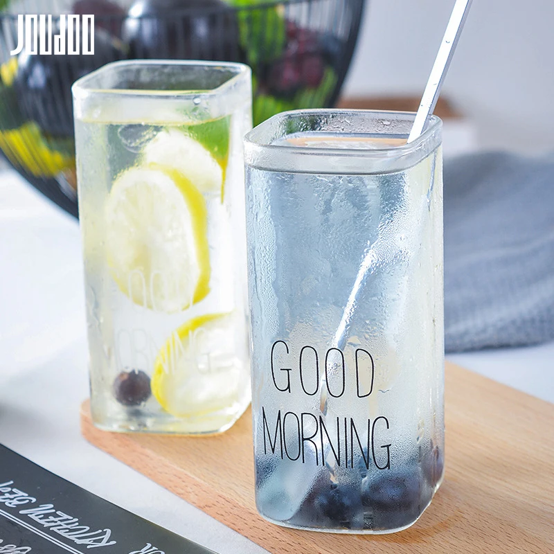 

JOUDOO 450ML Good Morning Glass Breakfast Cup Black White Transparent Square Mugs Creative Coffee Tea Home Drinkware Wholesale35