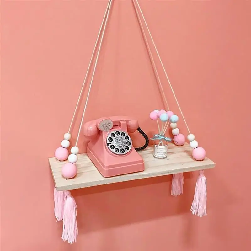 

2019 New Hot Nordic Style Kids Baby Room Wooden Beads Tassel Wall Shelf Room Storage Organization swing shelf Wall Hanging Decor