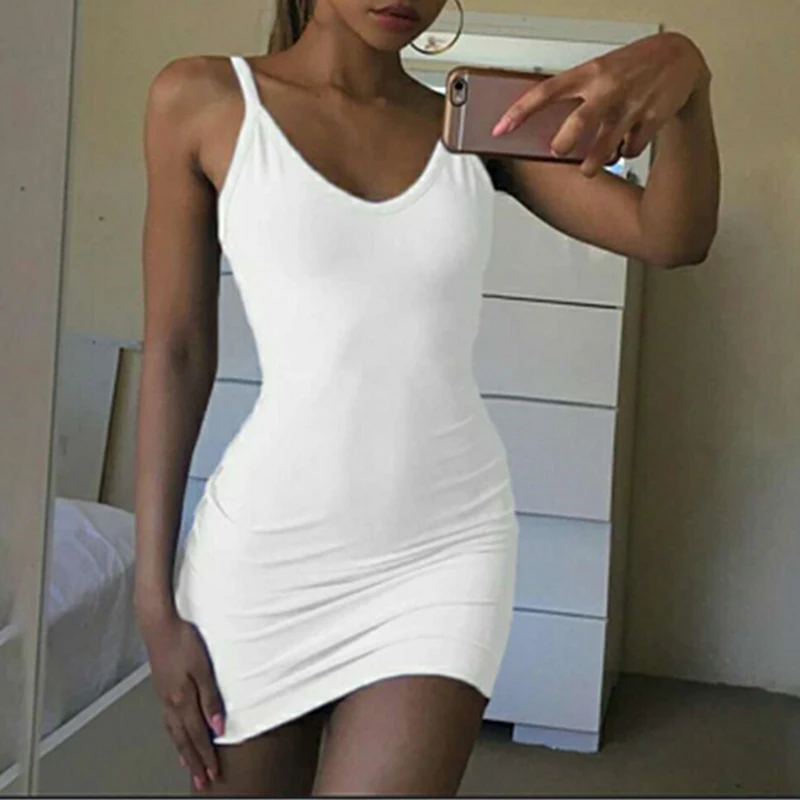 Summer Sexy Casual Women Strap Dress 2018 Female Solid Color Sleeveless Bodycon Dresses Sexy Club Party Dress Vestidos WS8323T