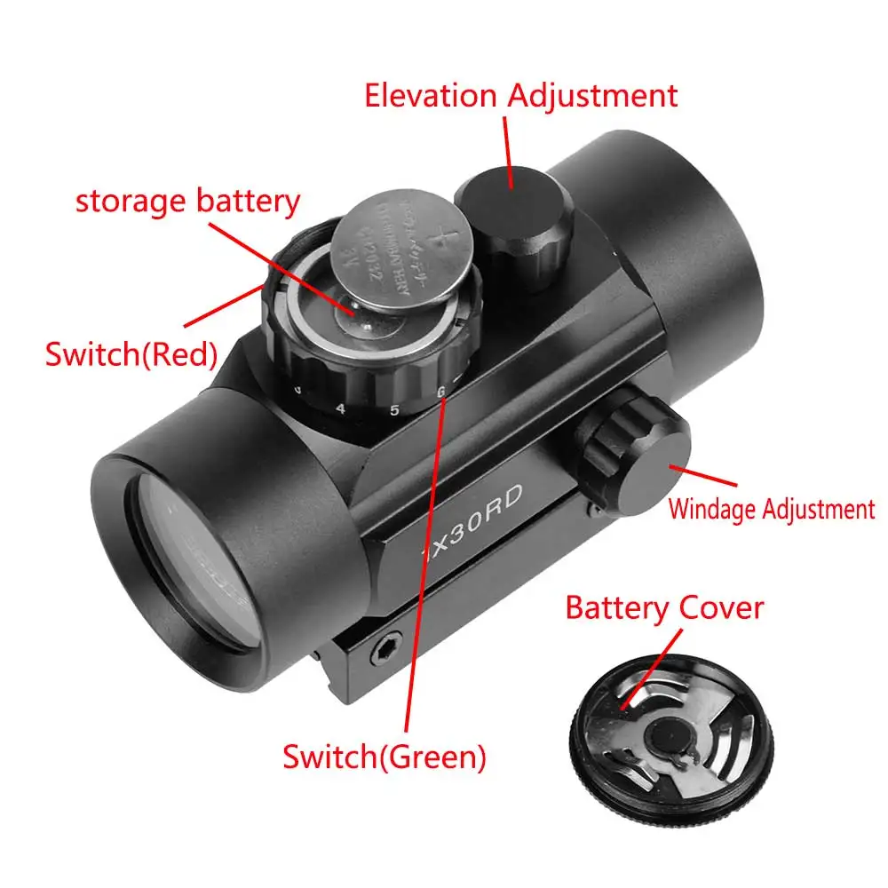 التكتيكية 1X30 الأحمر الأخضر نقطة النطاق البصري التصوير المجسم بندقية Riflescope البصريات نطاق للصيد الادسنس بندقية 11 20 ملليمتر الهواء بندقية نطاق