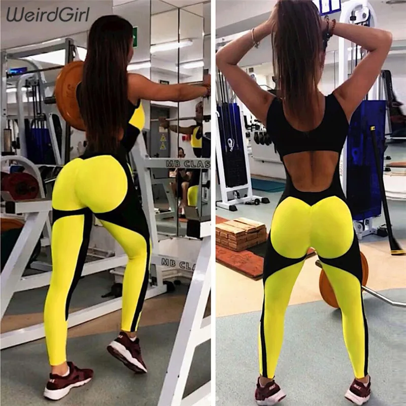 Buy Weirdgirl new women bodysuit casual fashion fitness jmpsuit sleeveless full length slim skinny yellow color rompers playsuit