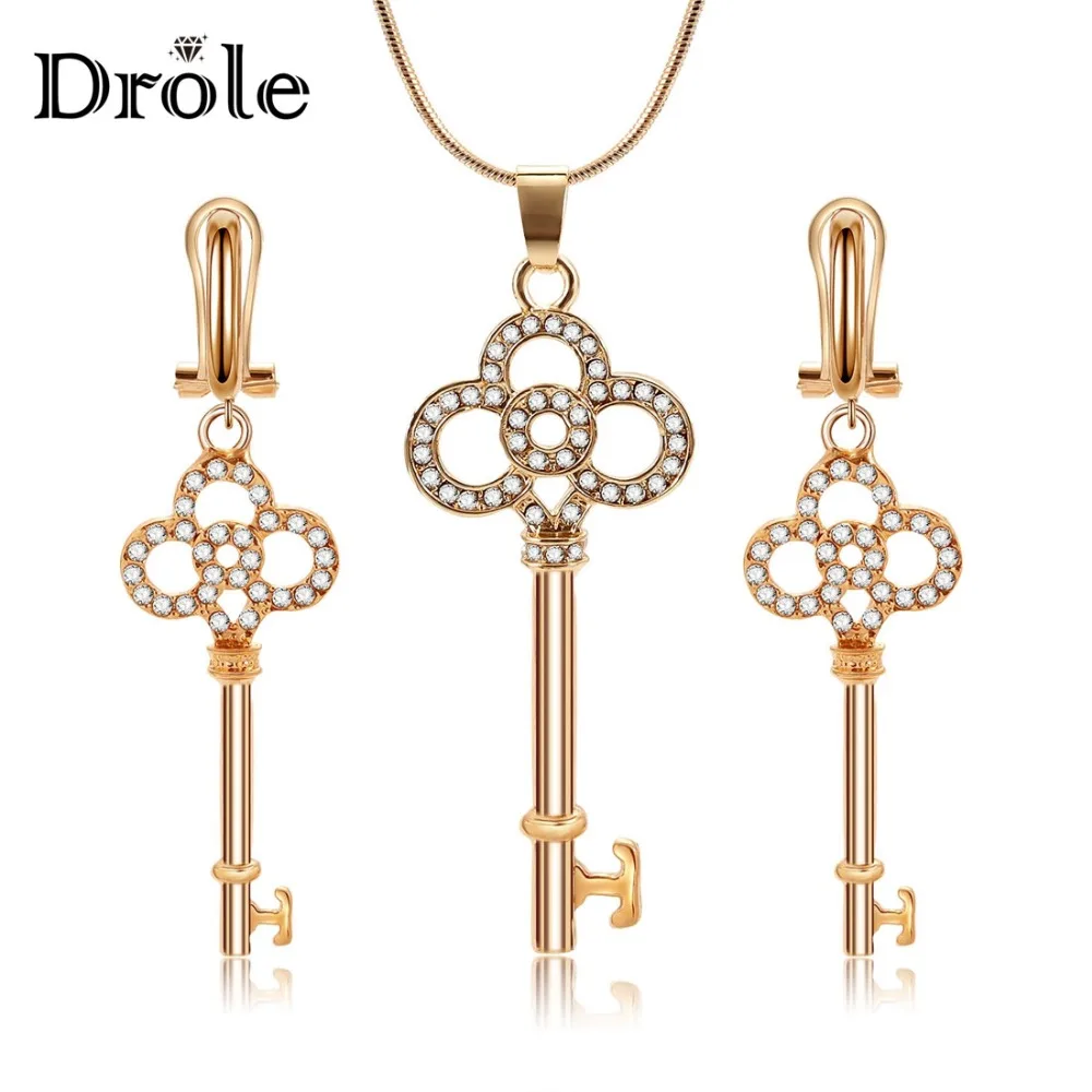 

Women Girls Key Gold Pendant Necklace Drop Earrings Jewelry Set Fashion Jewelry