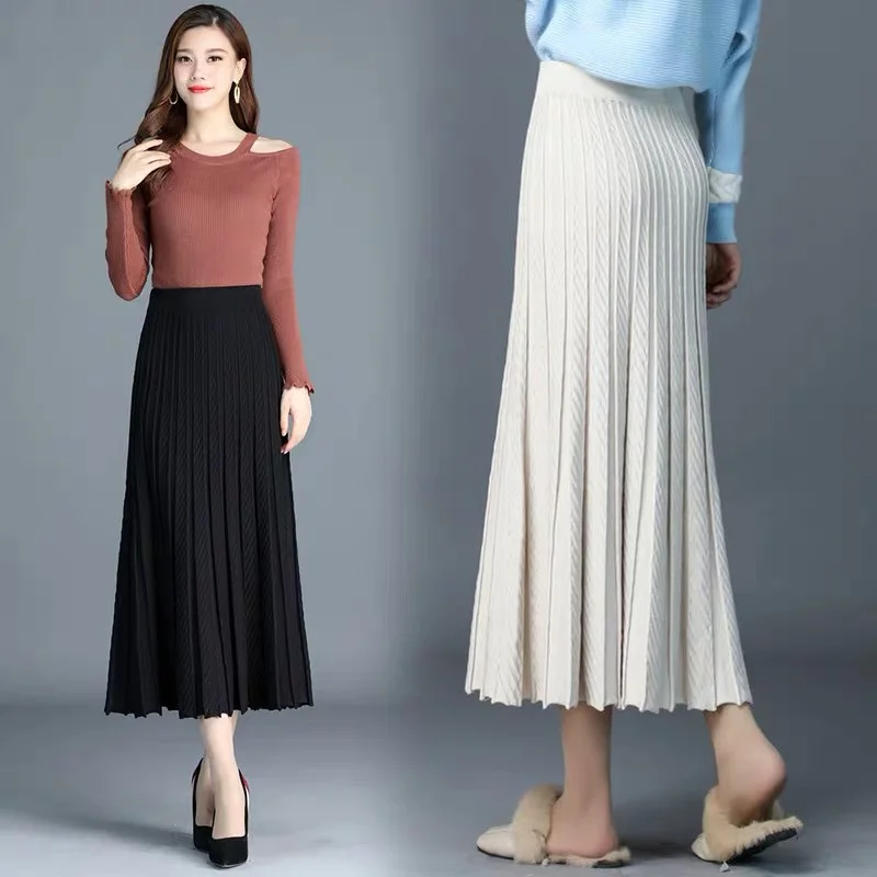 

DISIMAN fall 2019 korean style women solid color pleated skirt winter kawaii long skirt fashion elastic skirts womens
