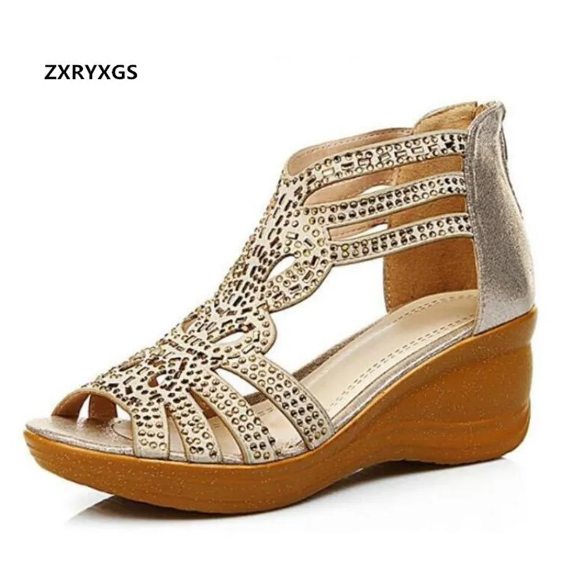 

ZXRYXGS Cowhide Rhinestones Sandals Women Shoes fashion Sandals 2019 Plus Size Summer Leather Sandals Shoes Woman Wedges Sandals