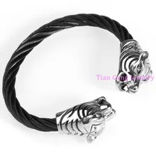 Top Design Cool New 316L Stainless Steel Tiger End Twisted Wire Cable Gold Black Cuff Bangle Bracelet Men’s Jewelry