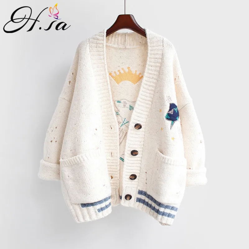 Cheap HSA 2018 Autumn Winter Women Sweater Cardigans Cartoon Embroidery Cardigans Poncho Single Breasted Knit Sweater Harajuku out Top