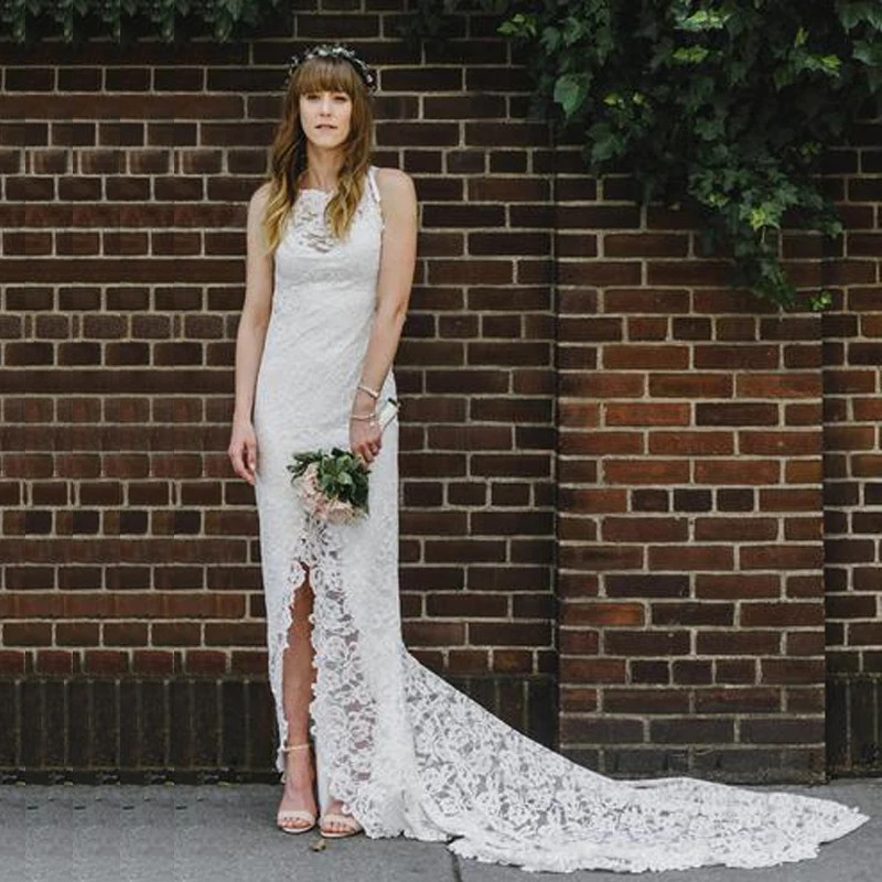

Vintage Lace Mermaid Wedding Dresses 2019 Vestido de noiva Front Split Sexy Bridal Dress Backless New Mariage Wedding Gowns