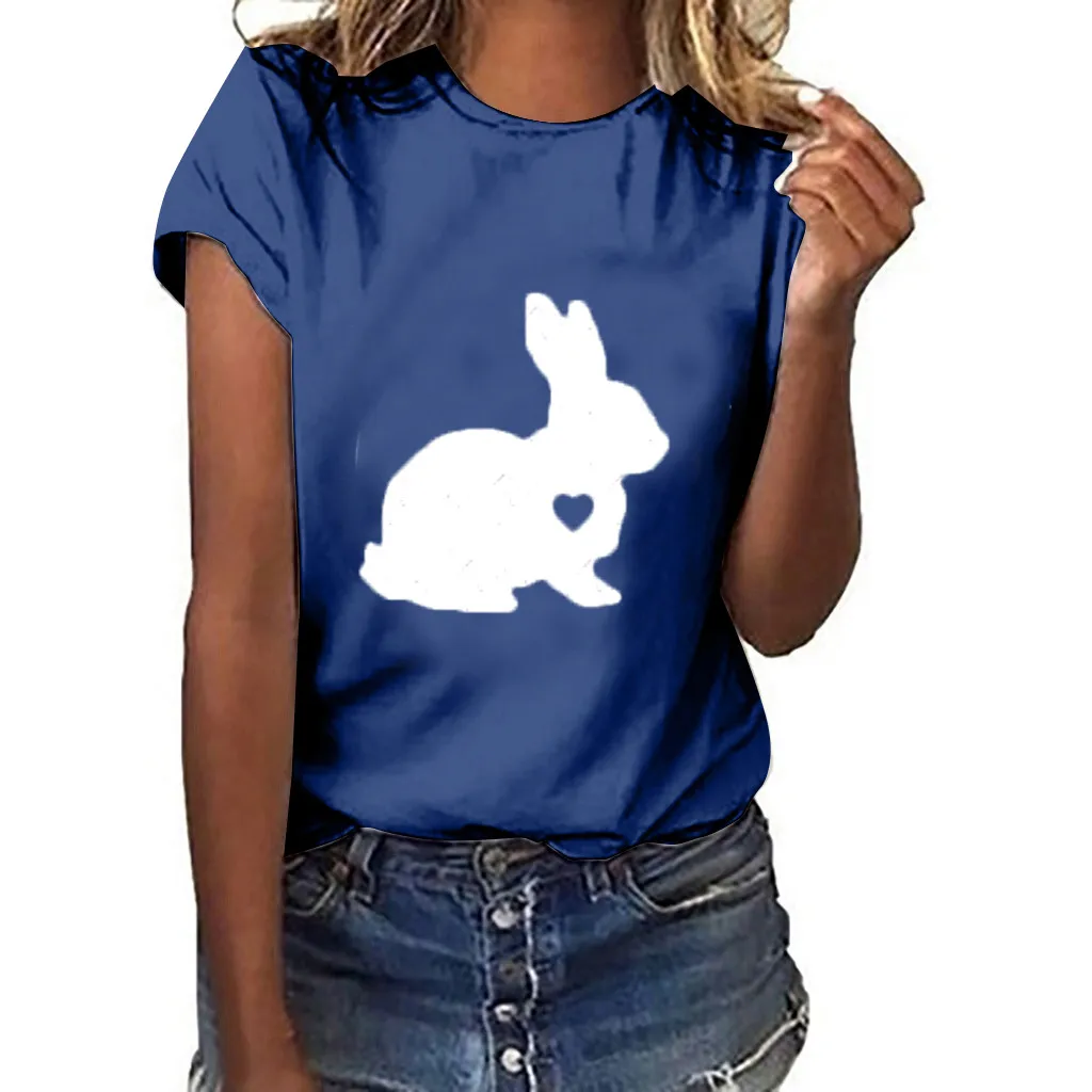 Feitong, крутая женская футболка с принтом, женская, плюс размер, принт в виде кролика, короткий рукав, белая футболка, баланс, минималистичный Топ - Цвет: Тёмно-синий