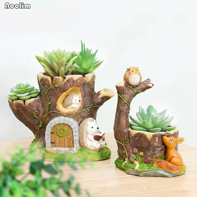 

Cartoon Pastoral Animal Tree Hole Flower Pot Micro Landscape Decoration Hedgehog Squirrel Succulents Flower Pot Resin Ornaments