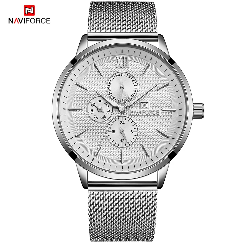 NAVIFORCE Лидирующий бренд Для Мужчин's Бизнес мода кварцевые наручные часы Нержавеющая сталь сетка ремень Повседневное часы Для мужчин Relogio Masculino - Цвет: Silver