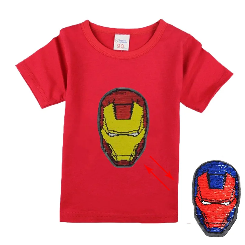 

4 6 8 10 T boys summer change color iron man magic 100% cotton sequin t shirt