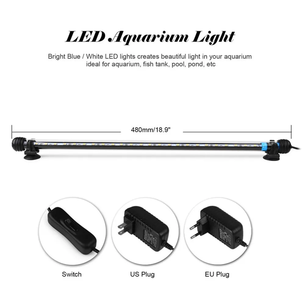 Светодиодный светильник для аквариума с вилкой Стандарта ЕС, США, подводная лампа, лампа для аквариума белого и синего цвета, водонепроницаемая, IP68, 5050 SMD, погружная лампа, 18 см, 28 см, 38 см, 48 см