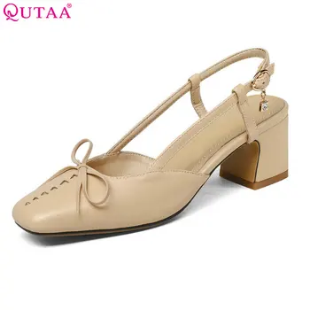 

QUTAA 2018 Shoes Women Square High Heel Platform Women Pumps PU leather Buckle Slingback Ladies Wedding Woman Shoes Size 34-43