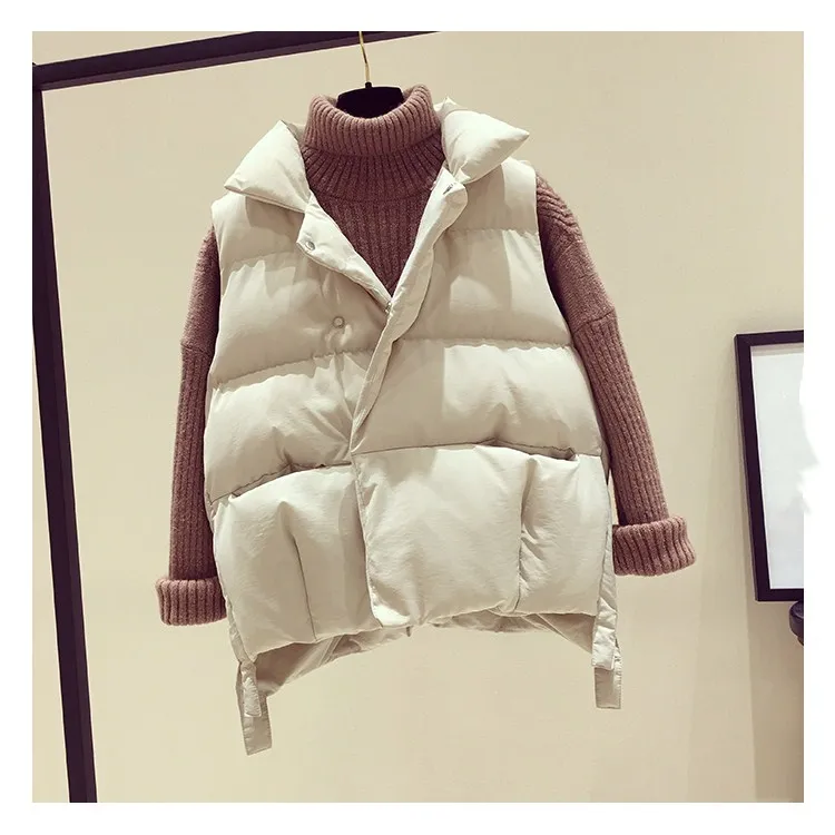New Arrival Women Mandarin Collar Down Vests Solid Autumn Winter Sleeveless Cotton Parkas Casual Apricot Short Waistcoat