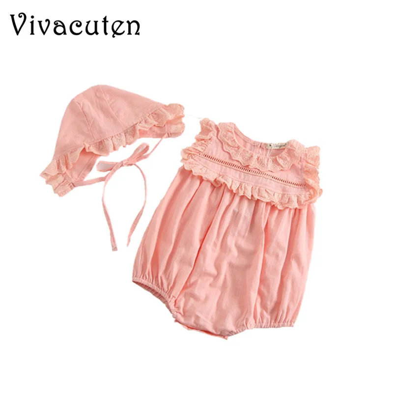 New Lace Bow-Knot Baby Girl Rompers Summer Pink Infant Clothing Sleeveless with Hat Newborn Baby Clothes Rompers For Baby B003