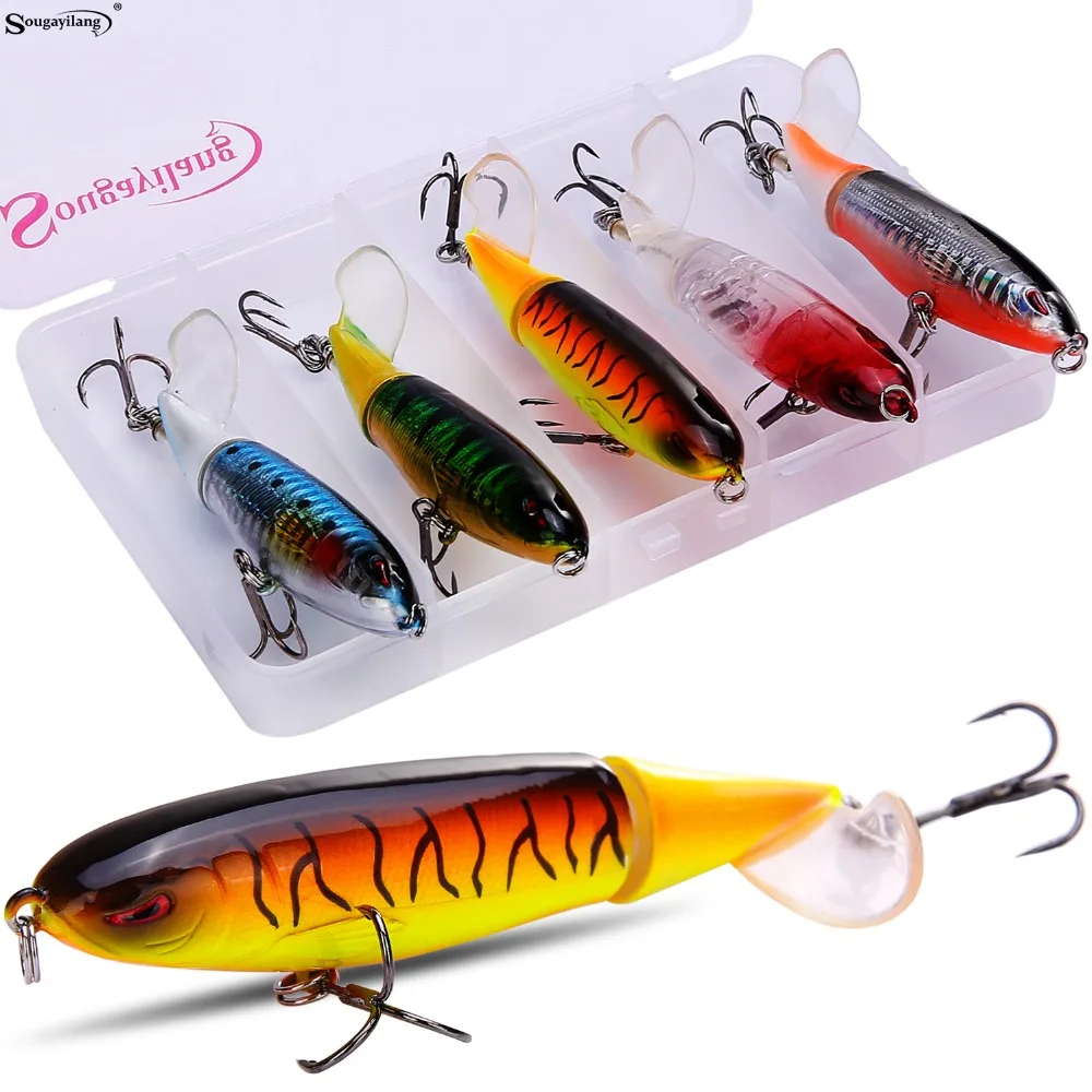

Sougayilang 5pcs Whopper Popper Fishing Lure with Box 14g 12cm Topwater Rotating Tail Hooks Bass Fishing Bait Fishing Tackle