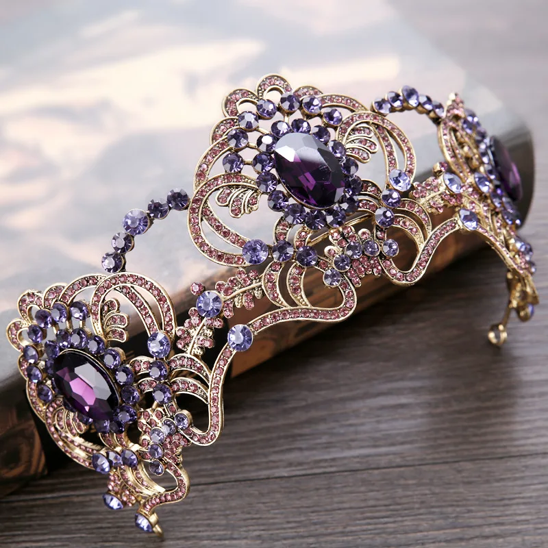 Винтажный головной убор барочная корона диадемы фиолетовый цвет Хрустальные стеклянные короны повязка для волос Свадебные украшения для волос Свадебные аксессуары