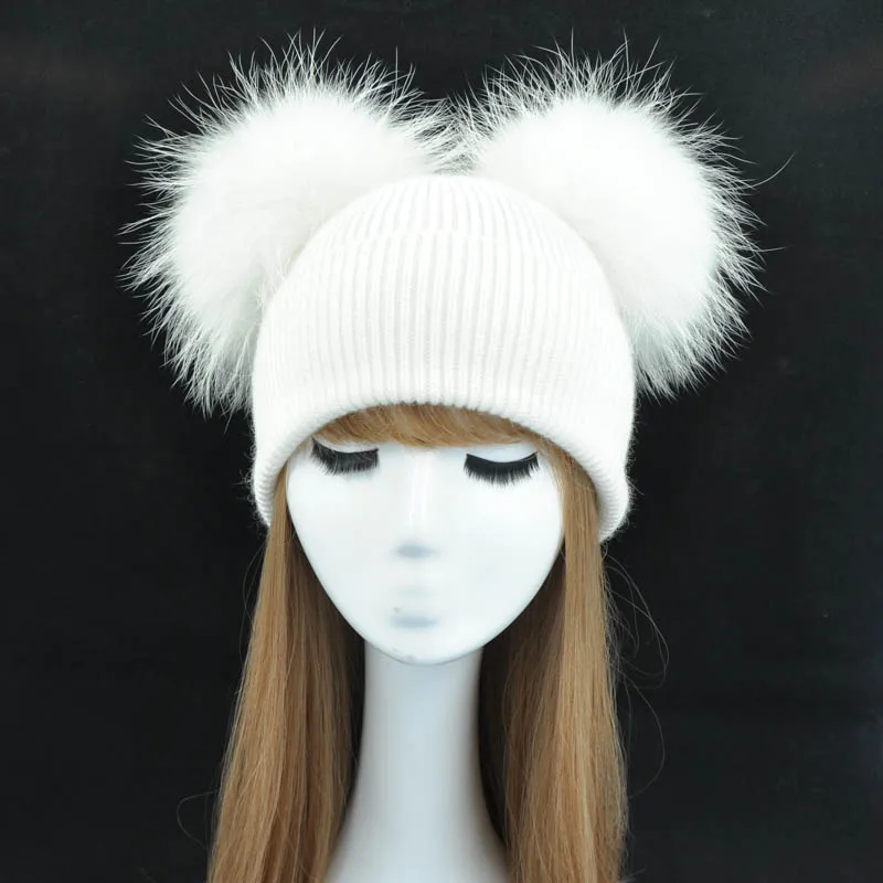 Goede Dubbele Real Bont Pomponmuts Vrouwen Winter Caps Gebreide Wol hoeden Skullies Mutsen Meisjes Vrouwelijke Natuurlijke Twee Bont PomPom Beanie Hoed
