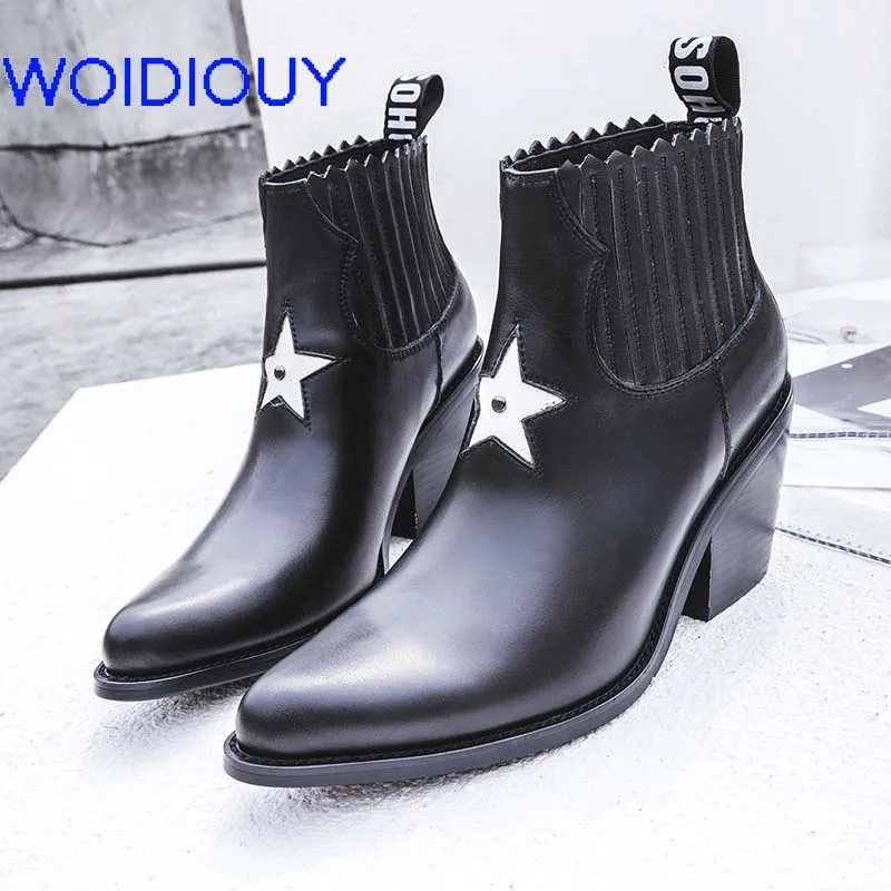 

Black Cow Leather Boots Stars Pleated New Winter Genuine Leather Booties for Women Boots Handmade Womens Boots Round Toe Shoes