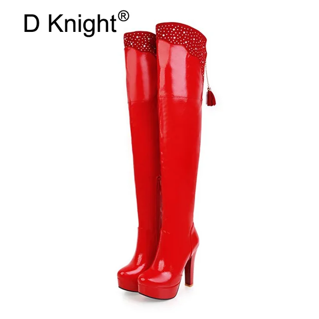 Best Price Tassel Rhinestone Thigh High Boots Patent Leather Thick Heels Over-the-Knee Boots Large Size 48 Steel Pole Dance Boots For Women