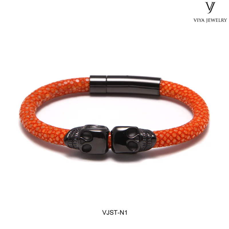 VJST-N1 (6) Genuine stingray with doublr skull bracelet