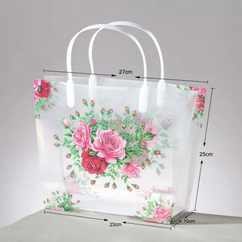 12pcs Clear Plastic Christmas Wedding Packaging Gift Bag with Flowers&Handle Shopping Bags for