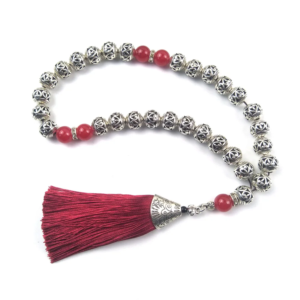 

Tesbih Store 10mm Silver plated Prayer Beads with red tassel Tasbih Tesbih Tasbeeh Subha Misbaha Islamic for wedding gift