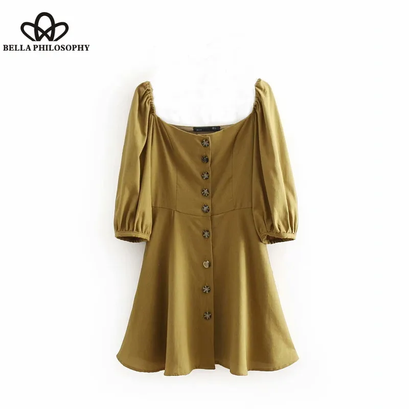 Wonder 2018 new autumn women vintage square collar solid color buttons mini dress female half sleeve vestidos office  wear dress
