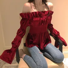 Мода Slash шеи Расширенная книзу блуза с открытой спиной сексуальные с открытыми плечами футболки женские винно-красные с длинным рукавом оборками футболки милые свободные топы