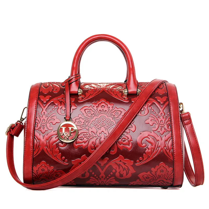 2016 New Leather Women Handbags Boston Bag Vintage Embossed Ladies