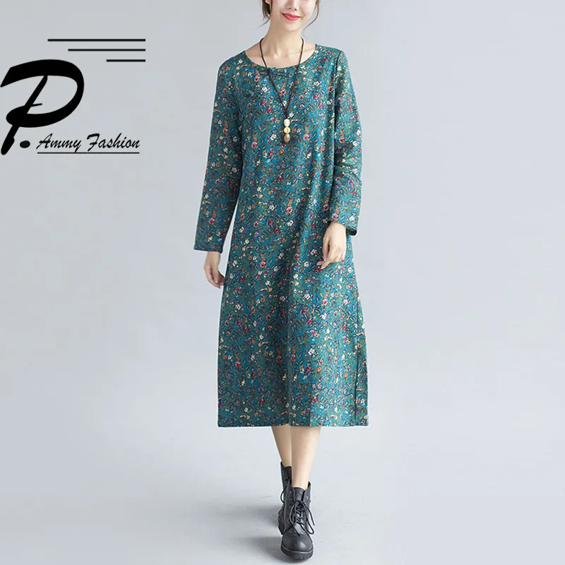 Women's Retro Floral Patterned Cotton &amp linen Long Sleeves Oversized Mid-long Shift Dress Ladies Autumn Vintage Jumper Tunic |
