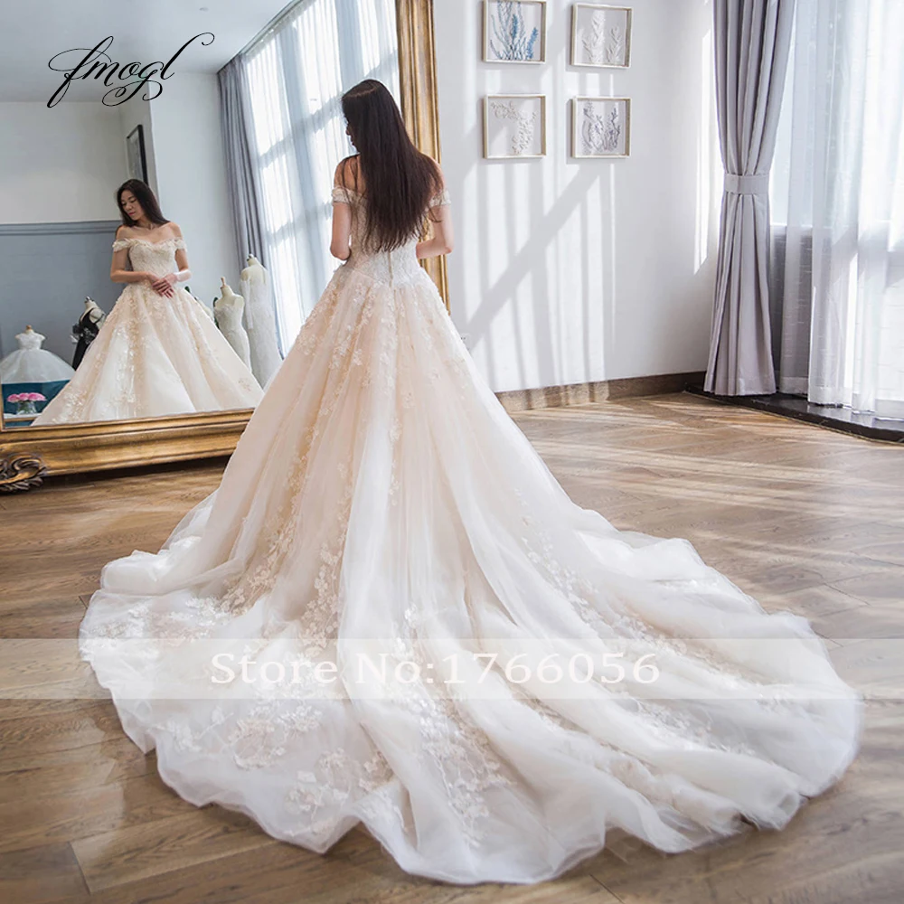 Fmogl Vestido De Noiva, сексуальные кружевные свадебные платья с вырезом лодочкой,, аппликации из бисера, часовня, поезд, без рукавов, ТРАПЕЦИЕВИДНОЕ платье невесты