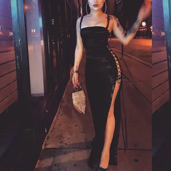 

Seamyla 2020 New Hollow Out Sexy Dress Women Sleeveless Black Clubwears Ankle Length Lace Up Night Out Evening Party Dresses
