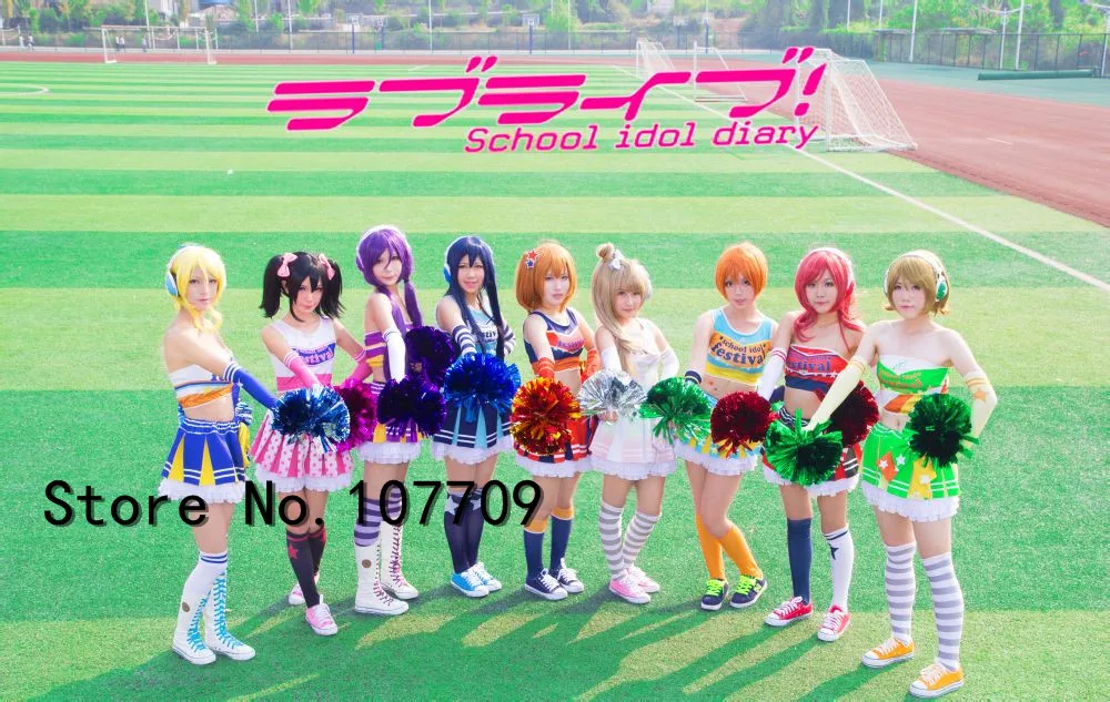 

Love Live Honoka Kotori Umi Eli Nozomi Maki Rin Hanayo Nico Cheerleading cos Dress Cheering Squad Cosplay Uniform Costume