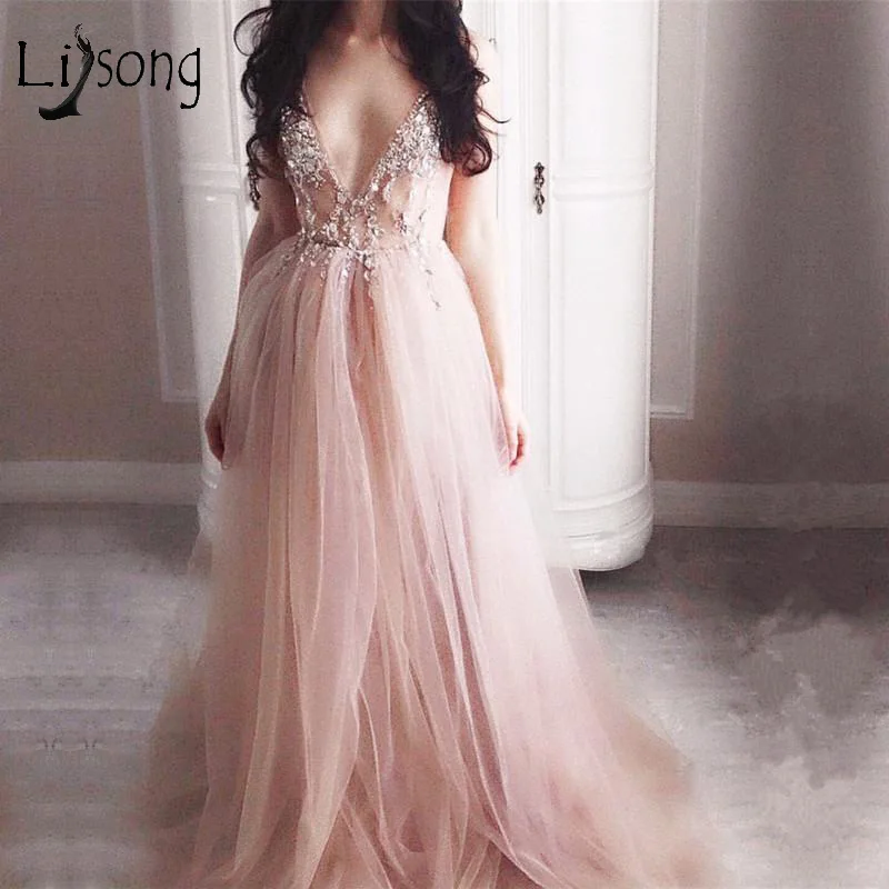 

Sexy Blush Pink Blackess Evening Dresses High Side Split Deep V-neck Backless Prom Gowns Beaded Crystal Sequined Abendkleider