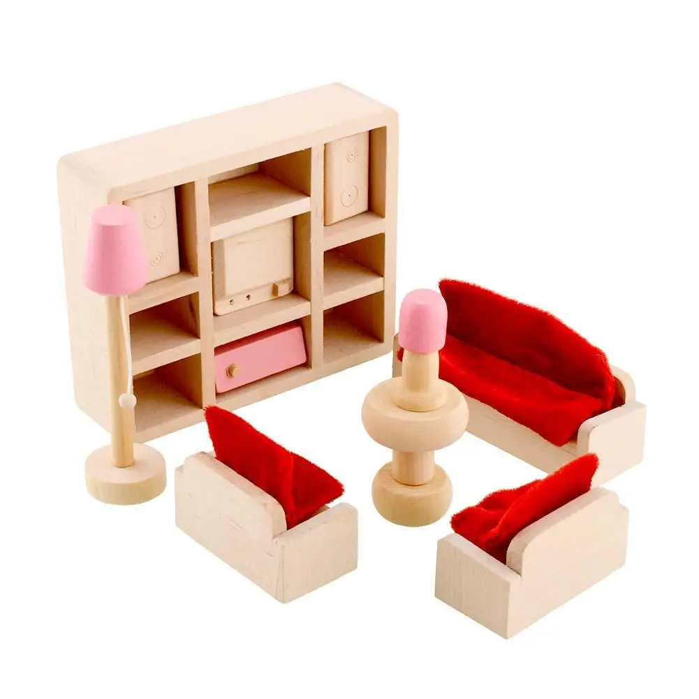 Wooden Furniture 6 Room Set Dolls House Family Miniature For Kids Children Toy