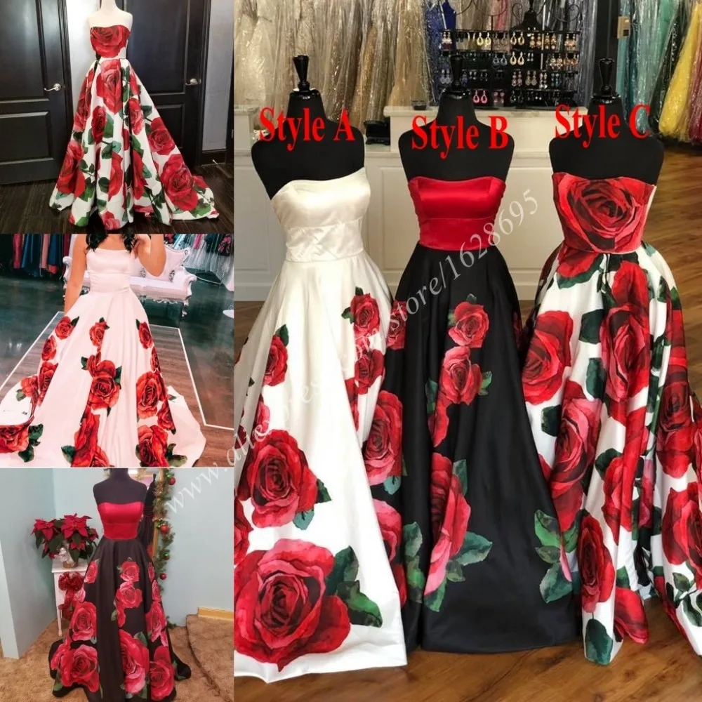 Stampa Floreale Rose Abiti Da Ballo 2 K24 Nero Rosso Bianco Raso Lungo Vestidos De Festa Designer Lace Up Vestidos De Gala Senza Spalline