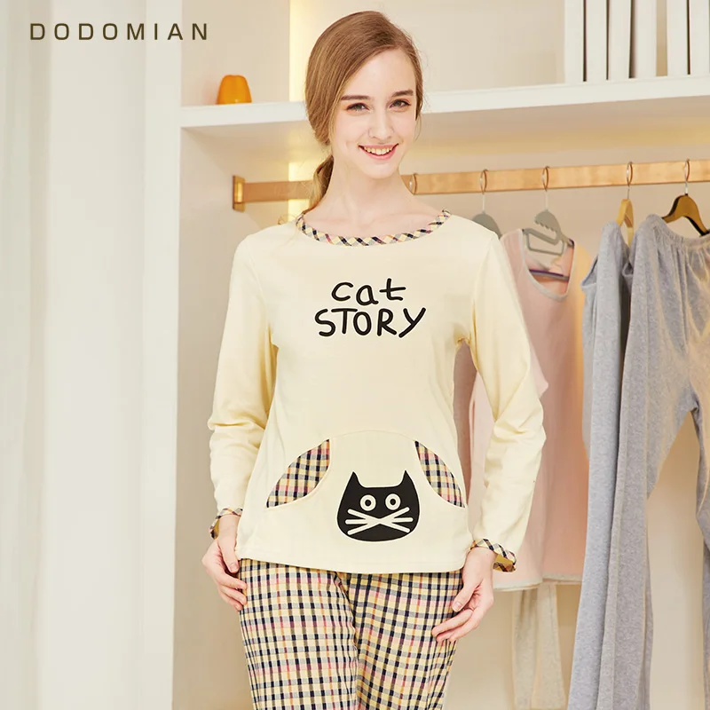 

Spring Women Pajama Set Cotton Nightwear Femal Bottom Suit Casual Tops+Pants Lounge Cat Pajamas+plaid pants M-XL