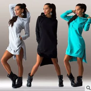 

Autumn Europe and America Style Women Solid Color Irregular Long Hooded Sweatshirt Dress Plus Size S-3XL