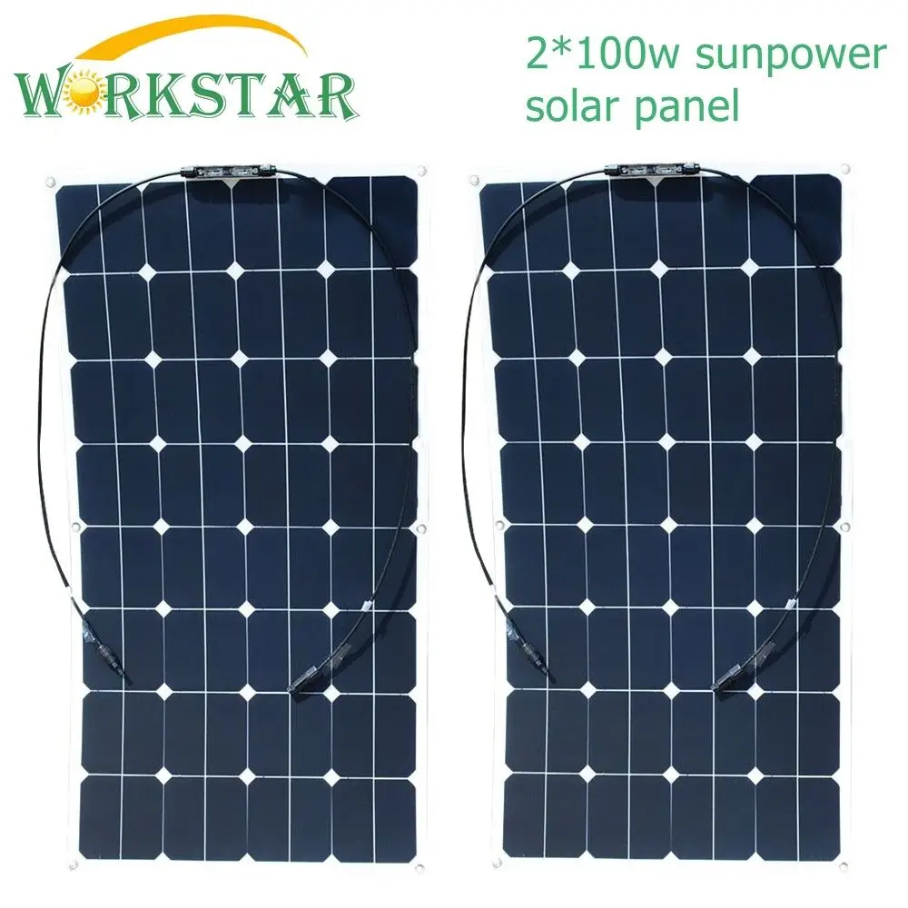 

Workstar 2*100W Sunpower Flexible Solar Panels 18V 100 watts Solar Module Charger for RV/Boat 200W Solar Power System