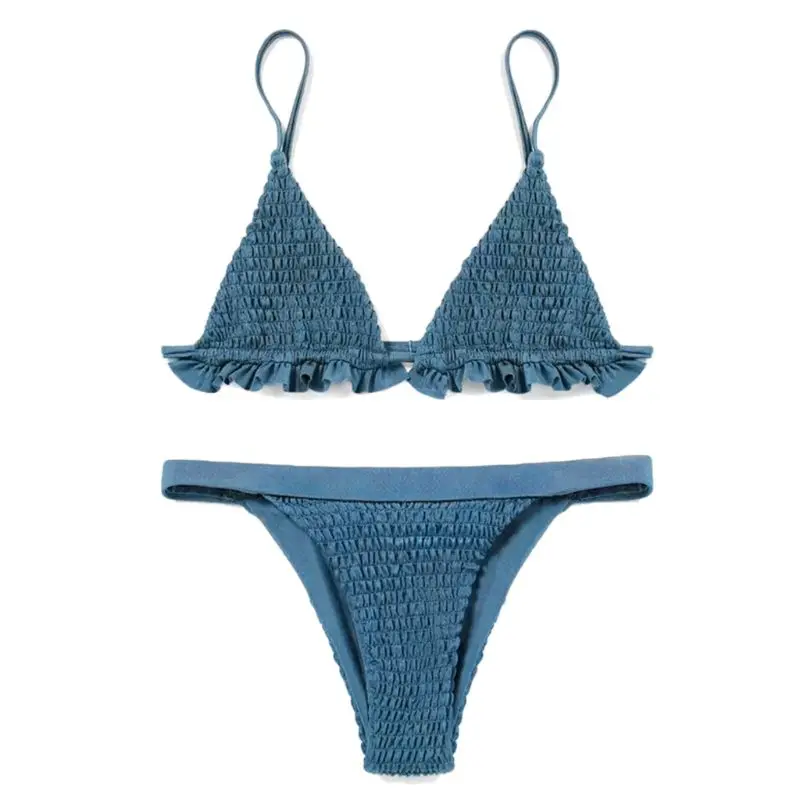 

Women Sexy Two Piece Set Deep V-Neck Pleated Ruffles Trim Bra Tiered Ruched Stripes Solid Color Swimsuit Low Waist G-Stri