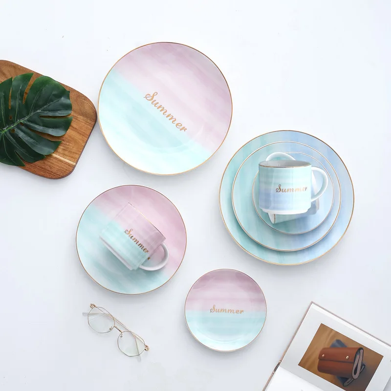 Макарон карамельный розовый и синий цвет керамическая тарелка домашние блюда для бифштекса тарелка для пасты столовые приборы набор посуды фарфоровые сервизы