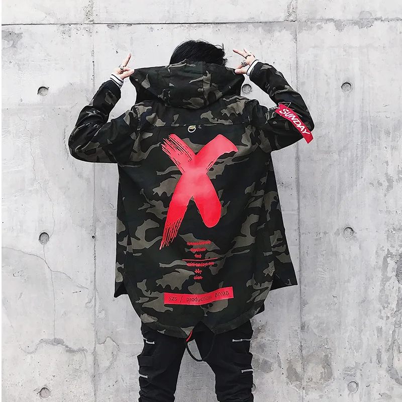 

Camouflage Jacket Men Coats High Street Ribbon Patchwork Cotton Men X Print Bomber Coat Autumn Harajuku Pilot Flight Jacket